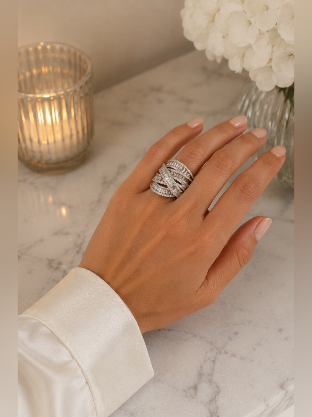 Silver Statement Baguette CZ Cocktail Ring Chunky Glam Crystal Wrap Ring
